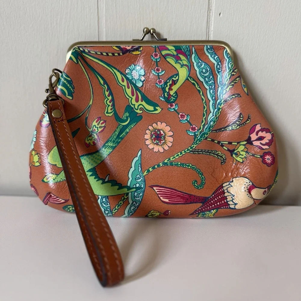 Patricia Nash VTG BIRDS OF PARADISE Colorful Leather Wristlet Clutch Kisslock